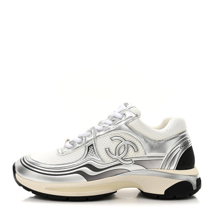 Chanel Fabric Laminated Calfskin Stretch CC Womens Sneakers 40 White Silver 1 of 10