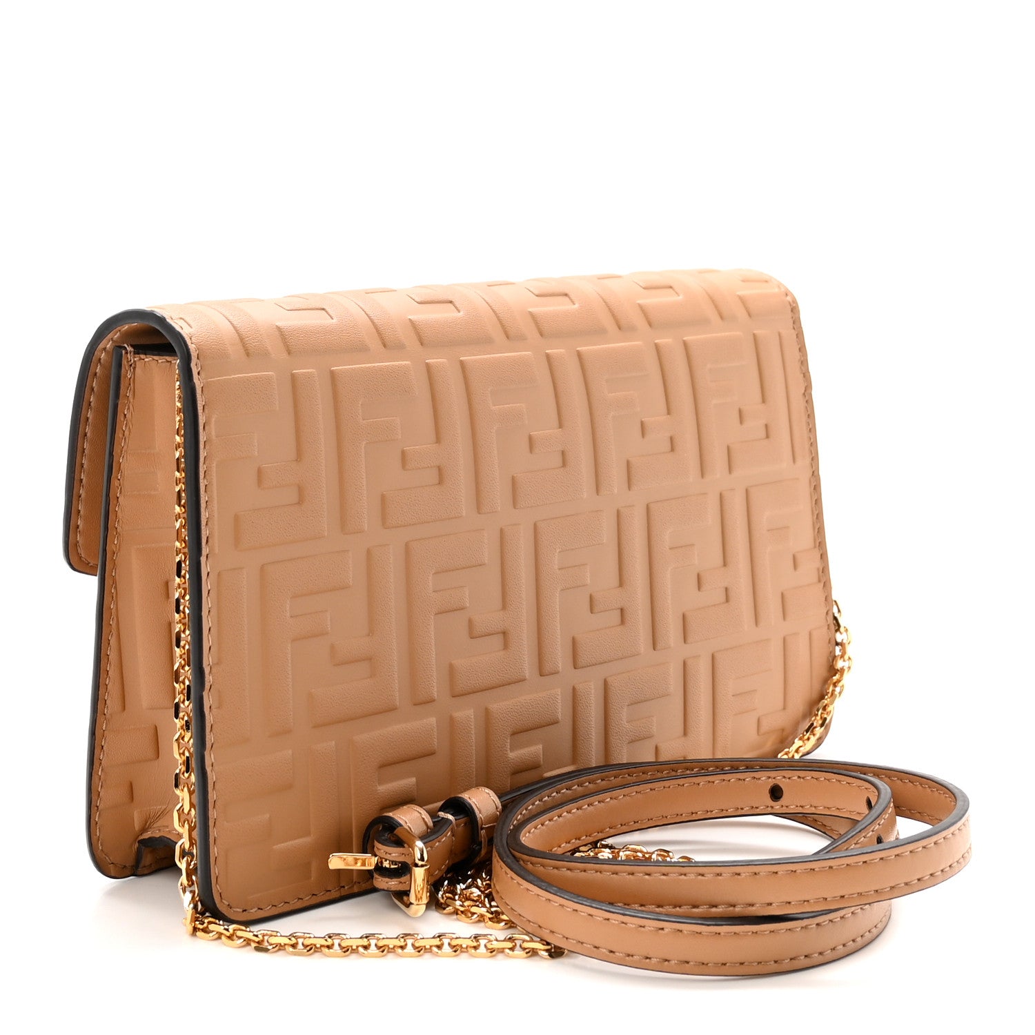 Fendi Vitello Ceylon Bi-Color FF 1974 Embossed FF Diamonds Chain Wallet Miele Scuro 3 of 9