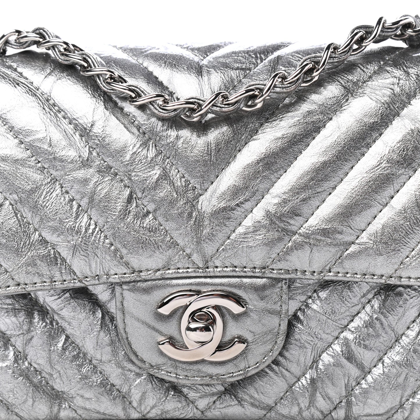 Patent Metallic Crumpled Calfskin Chevron Quilted Mini Rectangular Flap Silver