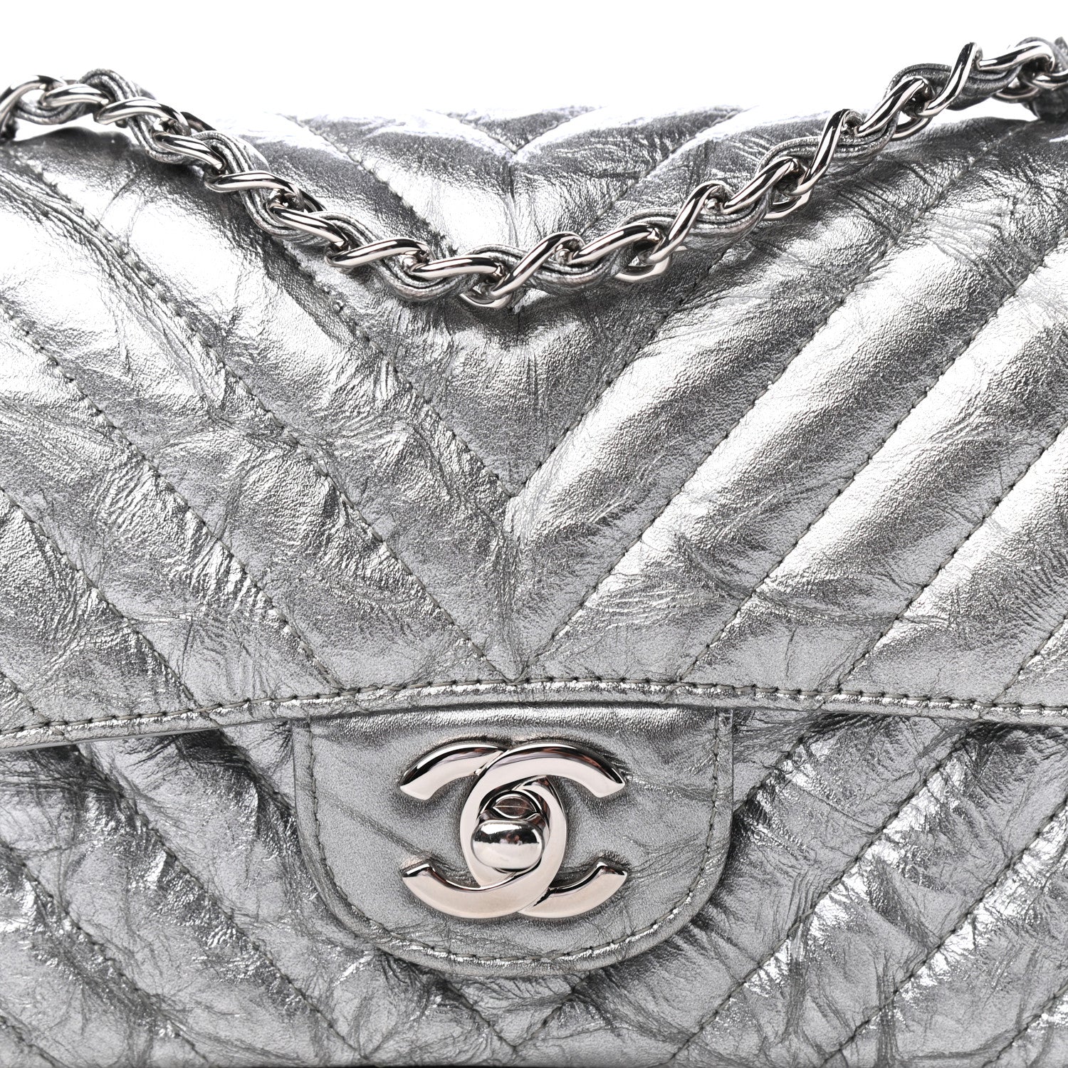 Chanel Patent Metallic Crumpled Calfskin Chevron Quilted Mini Rectangular Flap Silver 3 of 11