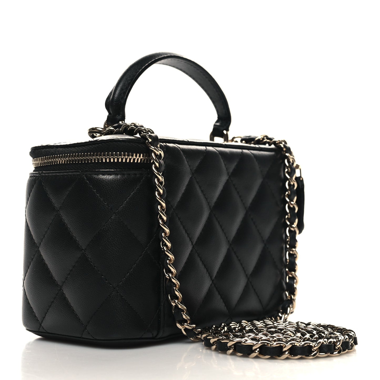 Lambskin Quilted Small Top Handle Vanity Case With Chain Black