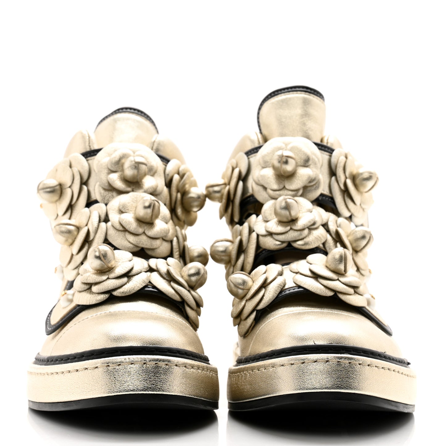 Metallic Lambskin Camellia High Top Sneakers 41 Gold