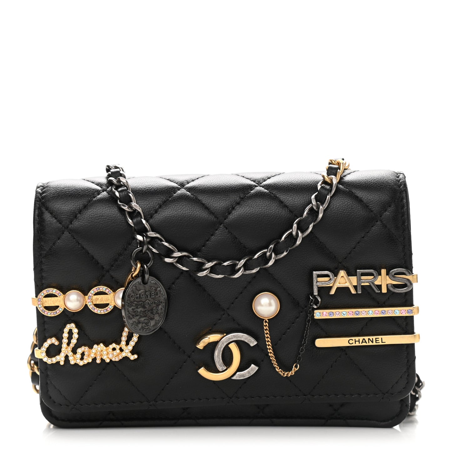 Lambskin Quilted Coco Clips Mini Wallet On Chain WOC Black