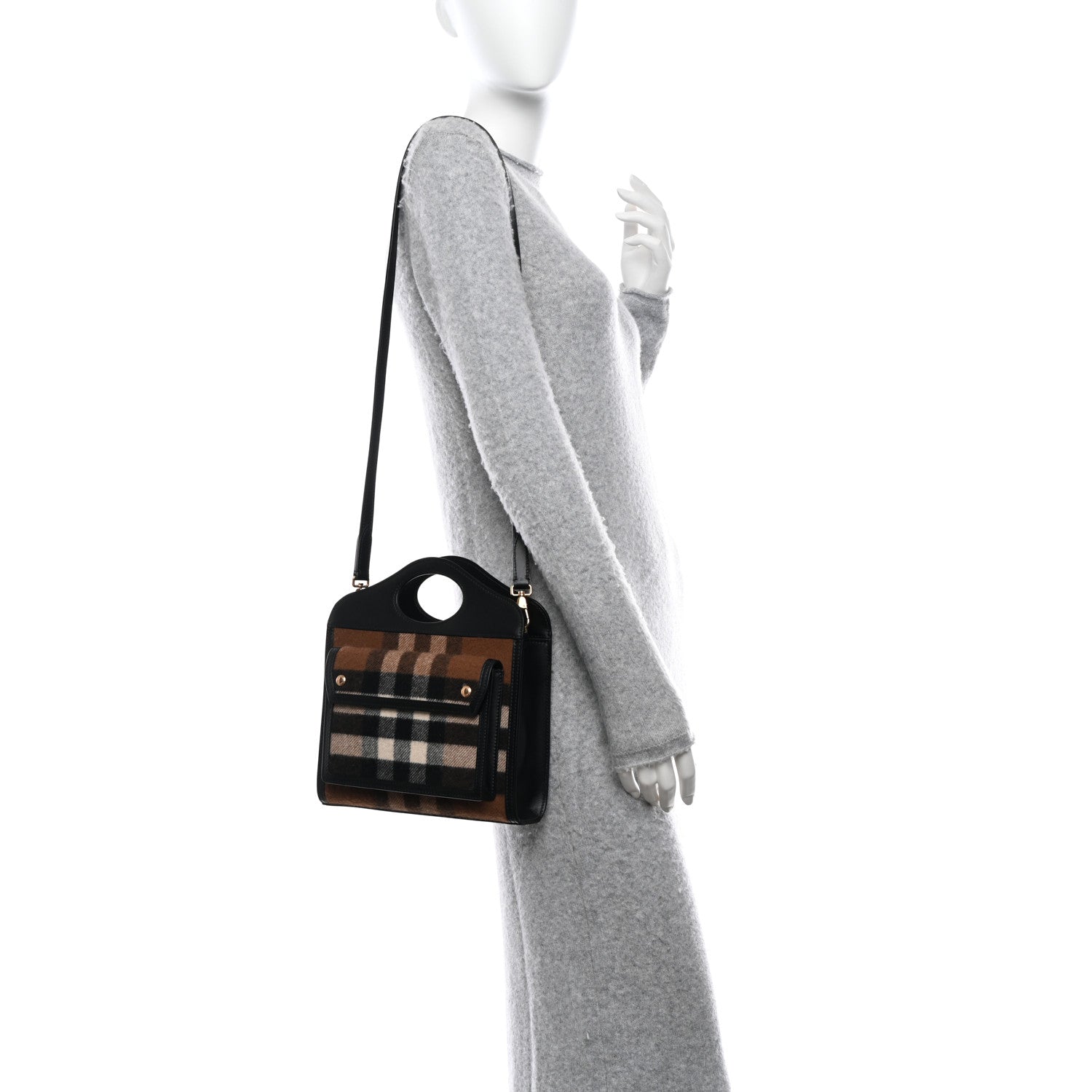Burberry Smooth Calfskin Cashmere Check Mini Pocket Bag Brown 2 of 10