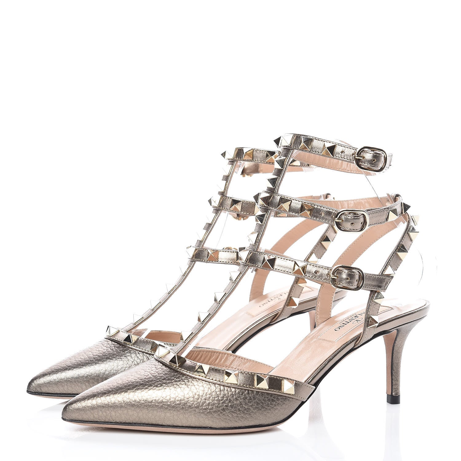 Valentino Garavani Metallic Pebbled Calfskin Rockstud Ankle Strap 65mm Pumps 36.5 Sasso 3 of 9