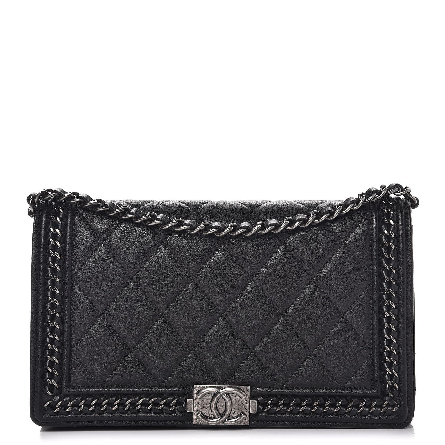 Calfskin Quilted Chain Around Boy Wallet On Removable Chain WOC Black