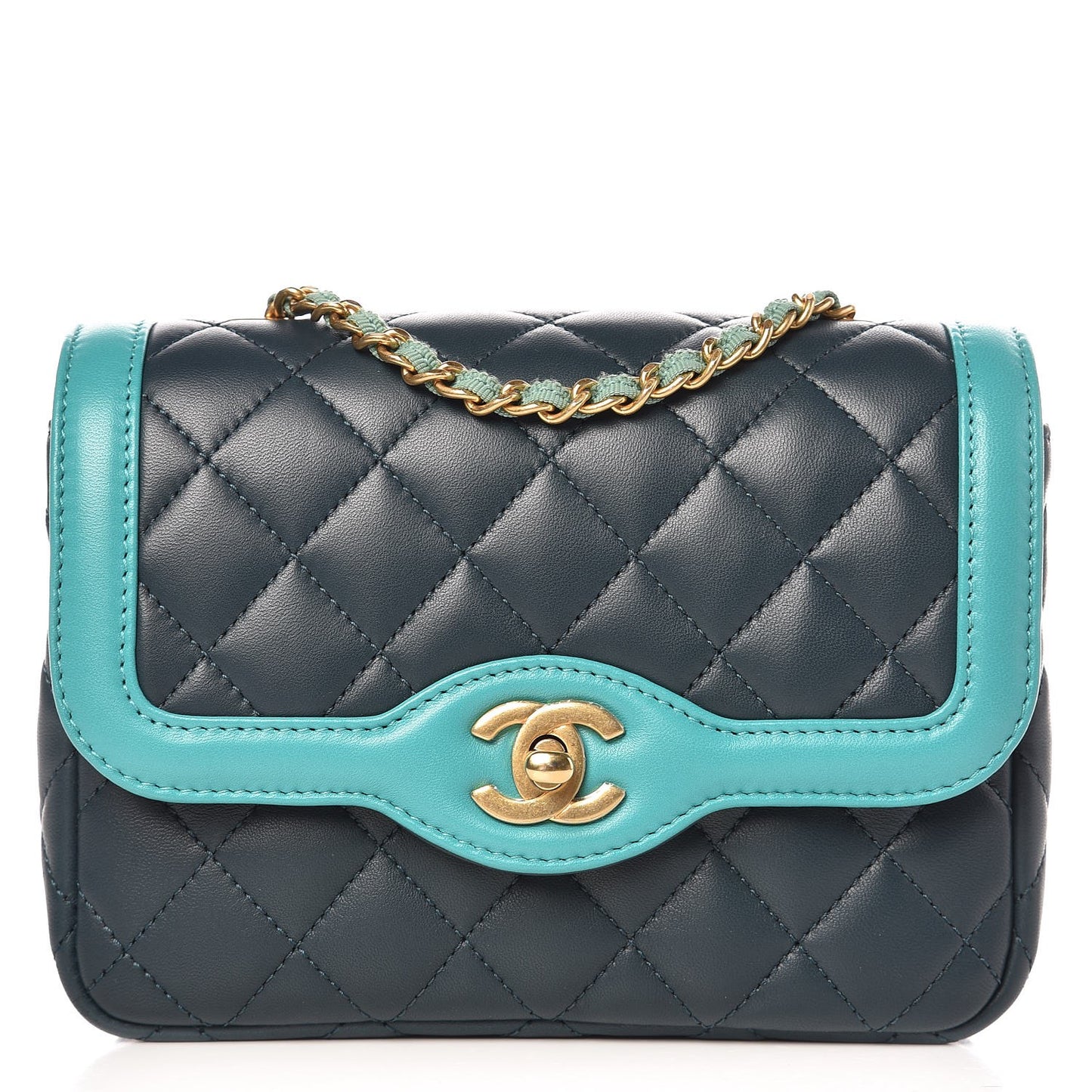 Lambskin Quilted Two Tone Day Flap Navy Turquoise