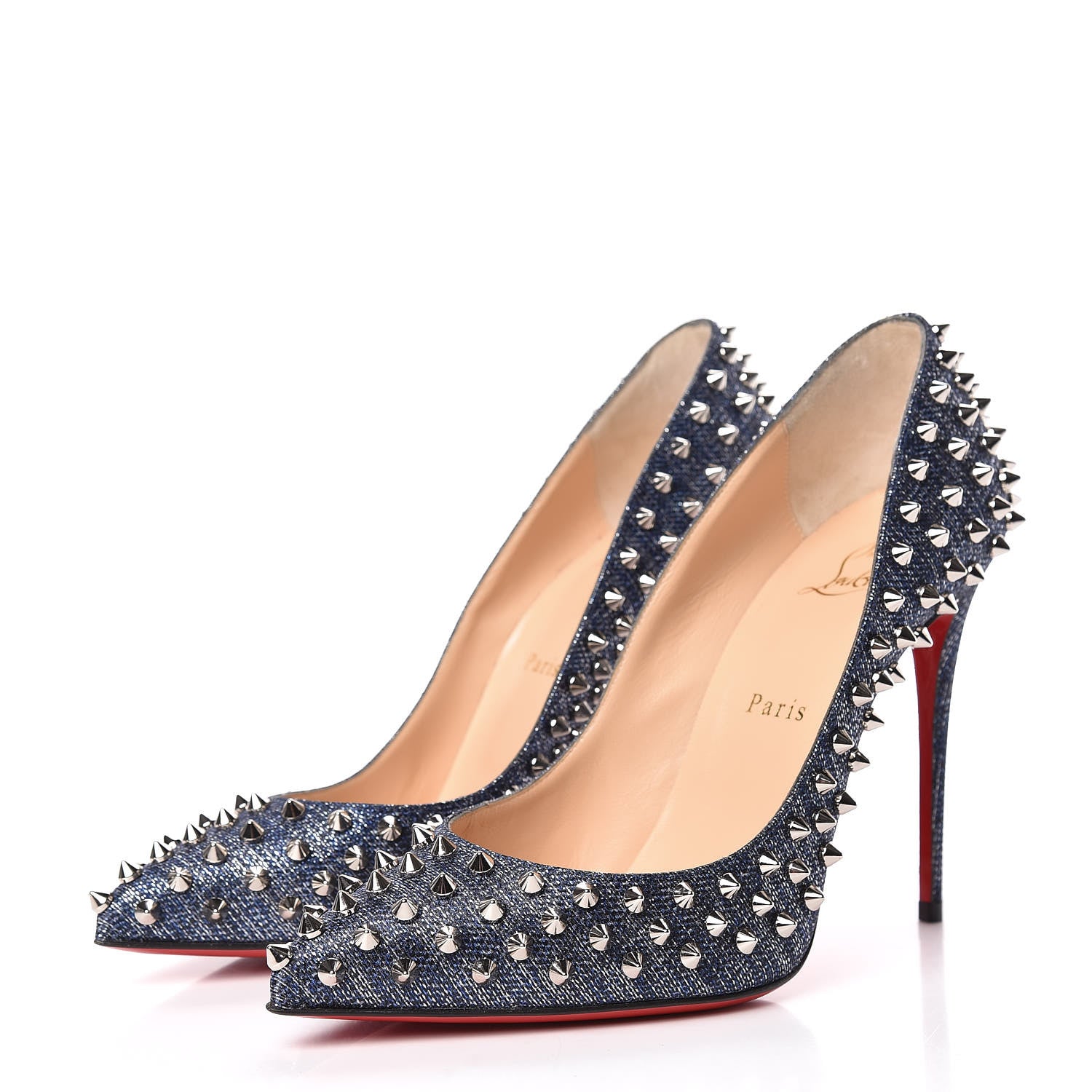 Christian Louboutin Denim Lame Lux Follies Spikes 100 Pumps 39.5 Silver 3 of 8