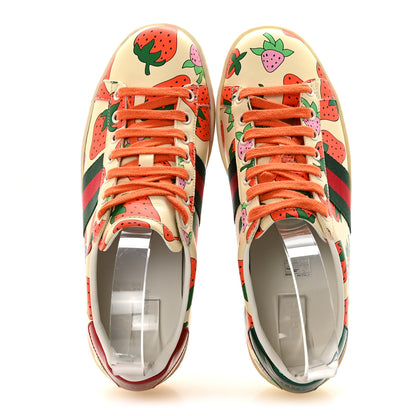 Gucci Calfskin Web Strawberry Print Womens Ace Sneakers 37 Ivory Red Green 2 of 10