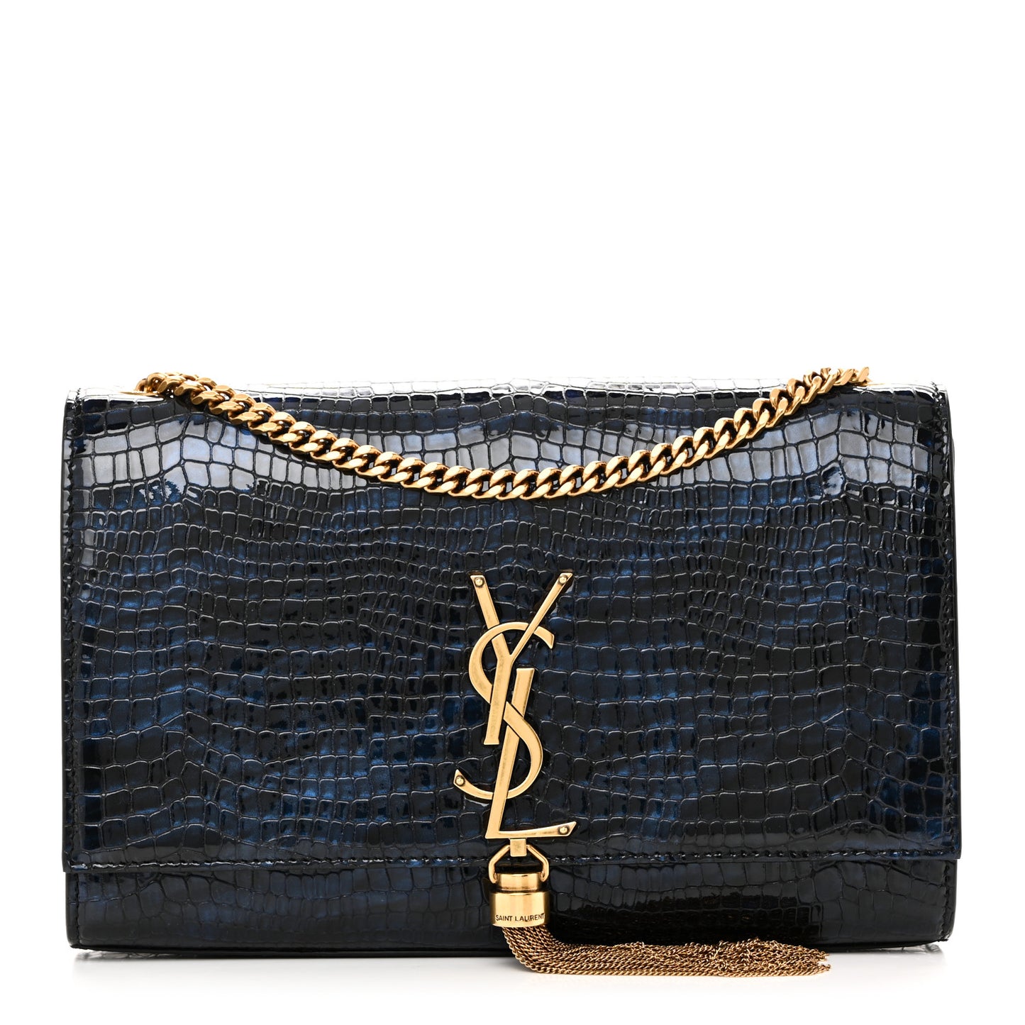 Calfskin Crocodile Embossed Medium Classic Monogram Kate Tassel Satchel Black Blue