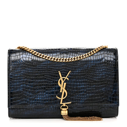 Saint Laurent Calfskin Crocodile Embossed Medium Classic Monogram Kate Tassel Satchel Black Blue 1 of 11