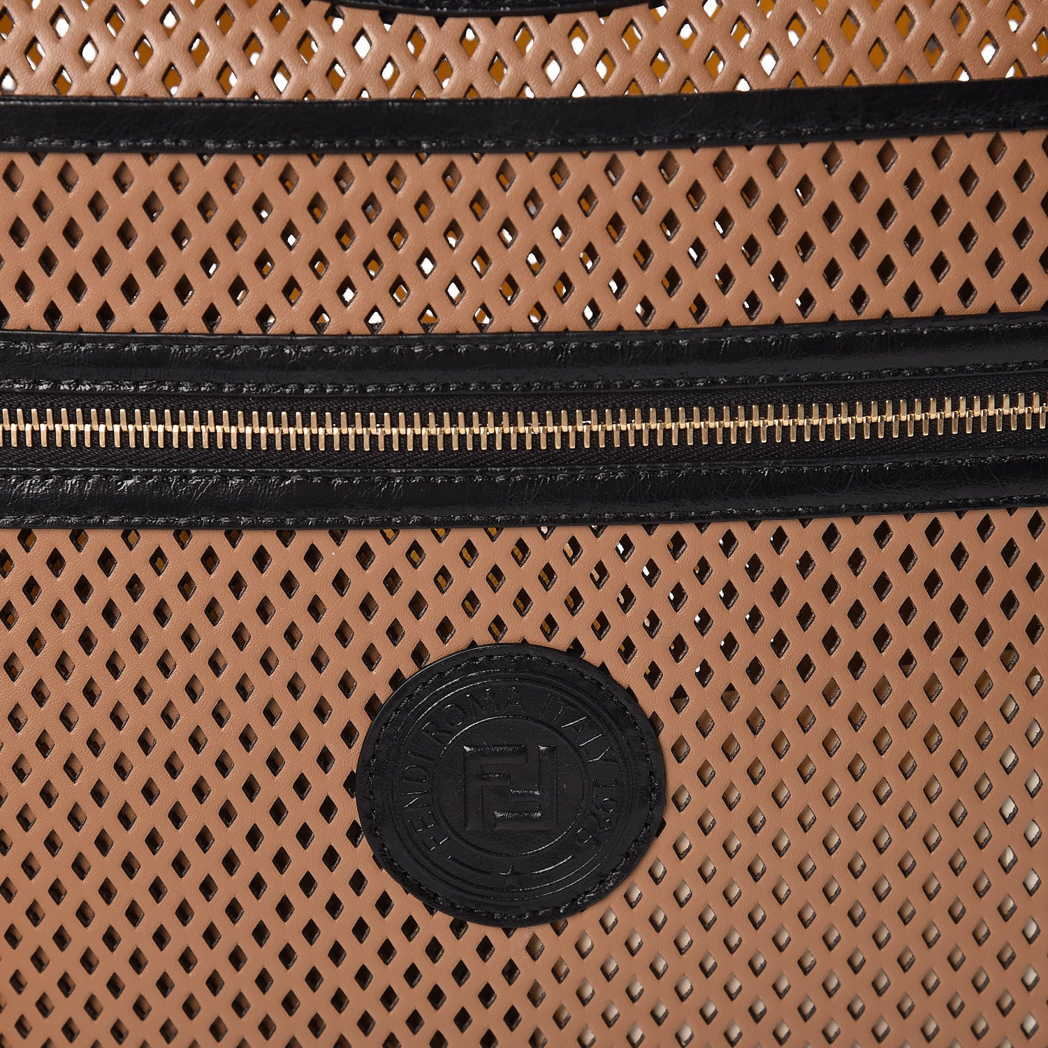 Fendi Vitello Liberty Glossy Lambskin Perforated Medium Runaway Shopper Tote Sand Mimosa Black 9 of 9