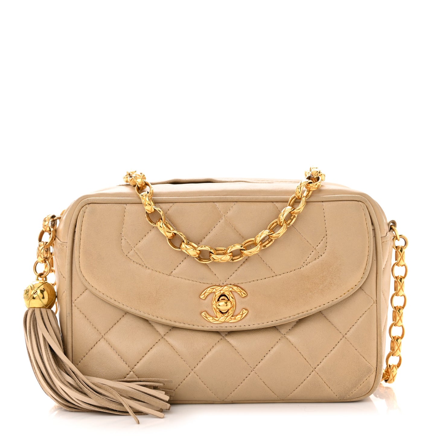 Lambskin Quilted Tassel Flap Camera Bag Light Beige