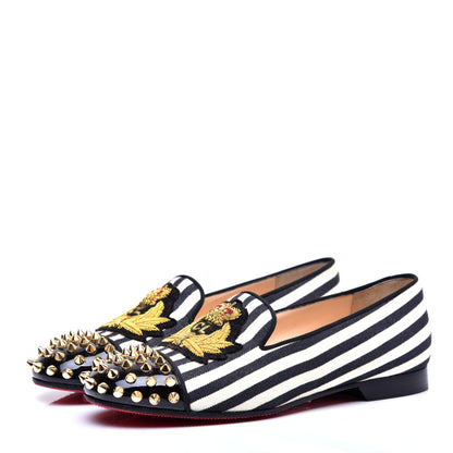 Christian Louboutin Toile Rayee Patent Spikes Womens Intern Flat Loafers 35.5 Black White 3 of 8