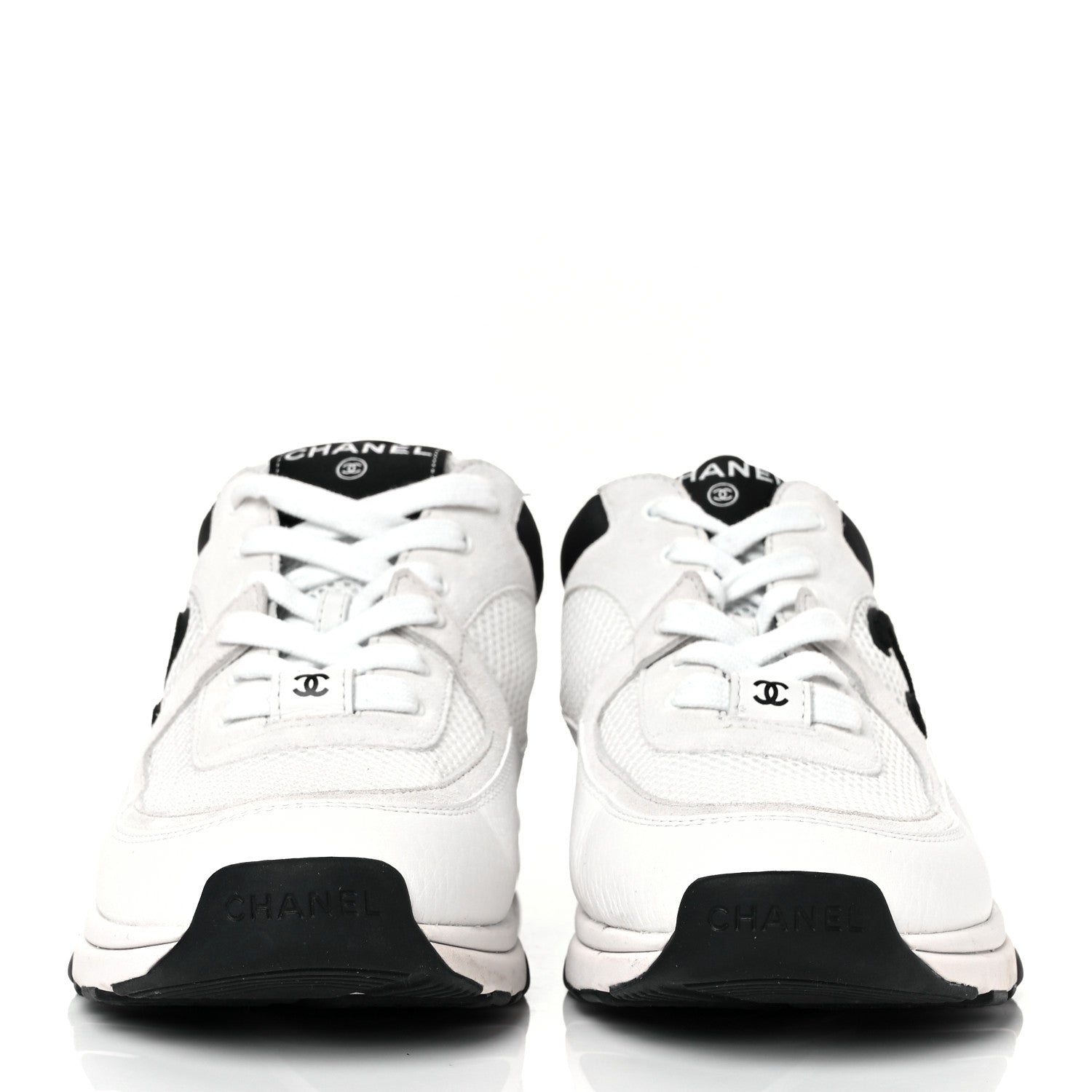 Chanel Mesh Suede Calfskin Grained Calfskin Womens CC Sneakers 39.5 White Black 2 of 8