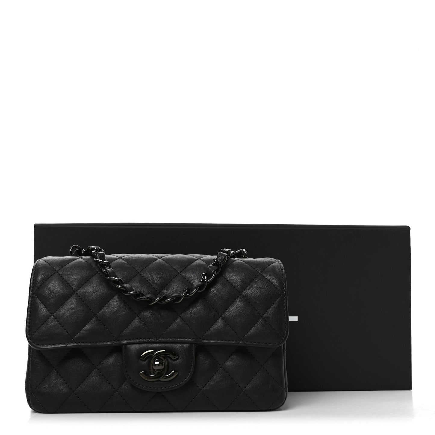 Crumpled Calfskin Quilted Mini Rectangular Flap So Black