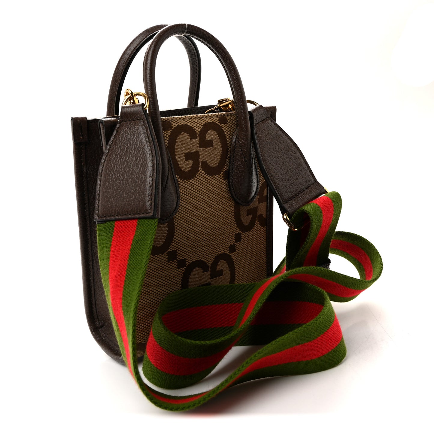 Monogram Jumbo GG Textured Dollar Calfskin Web Mini Vertical Tote Camel Ebony New Acero