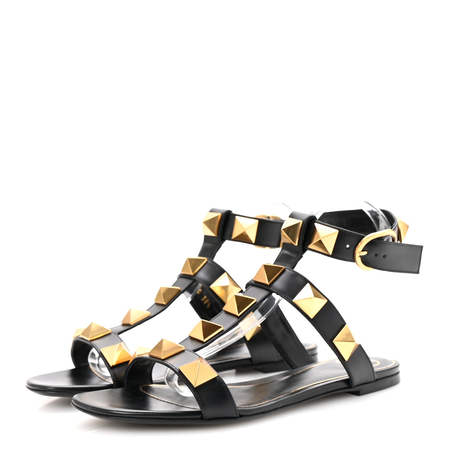 Valentino Garavani Calfskin Roman Stud Ankle Strap Flat Sandals 38.5 Black 4 of 10
