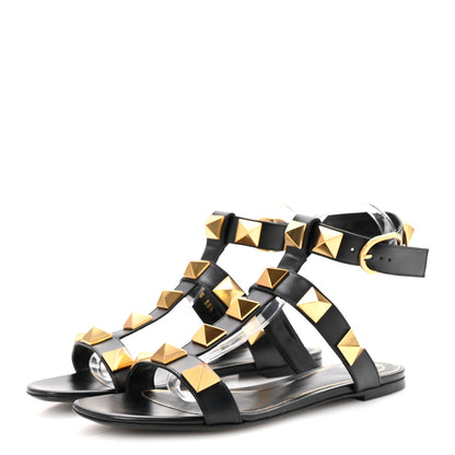 Valentino Garavani Calfskin Roman Stud Ankle Strap Flat Sandals 38.5 Black 4 of 10