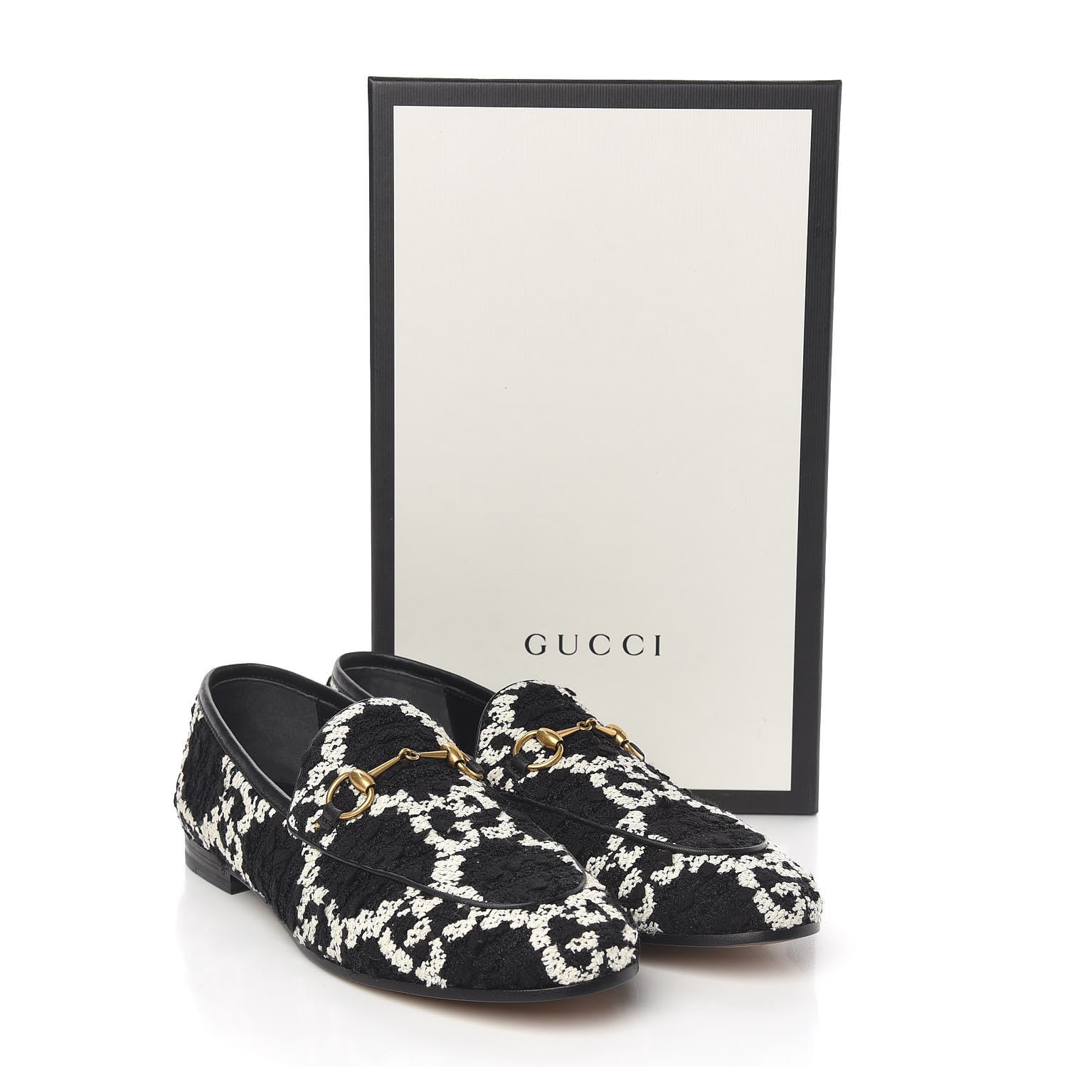 Gucci Tweed GG Monogram Horsebit Womens Jordaan Loafers 38 Black Natural 9 of 9