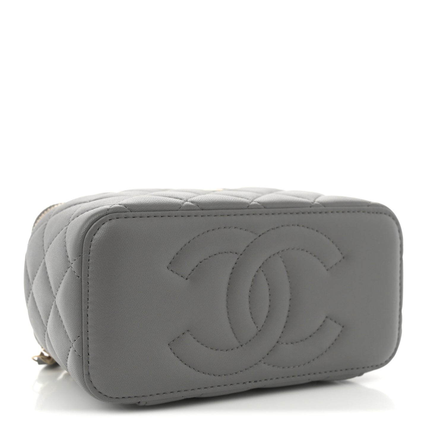 Lambskin Quilted Small Top Handle Vanity Case With Chain Dark Grey