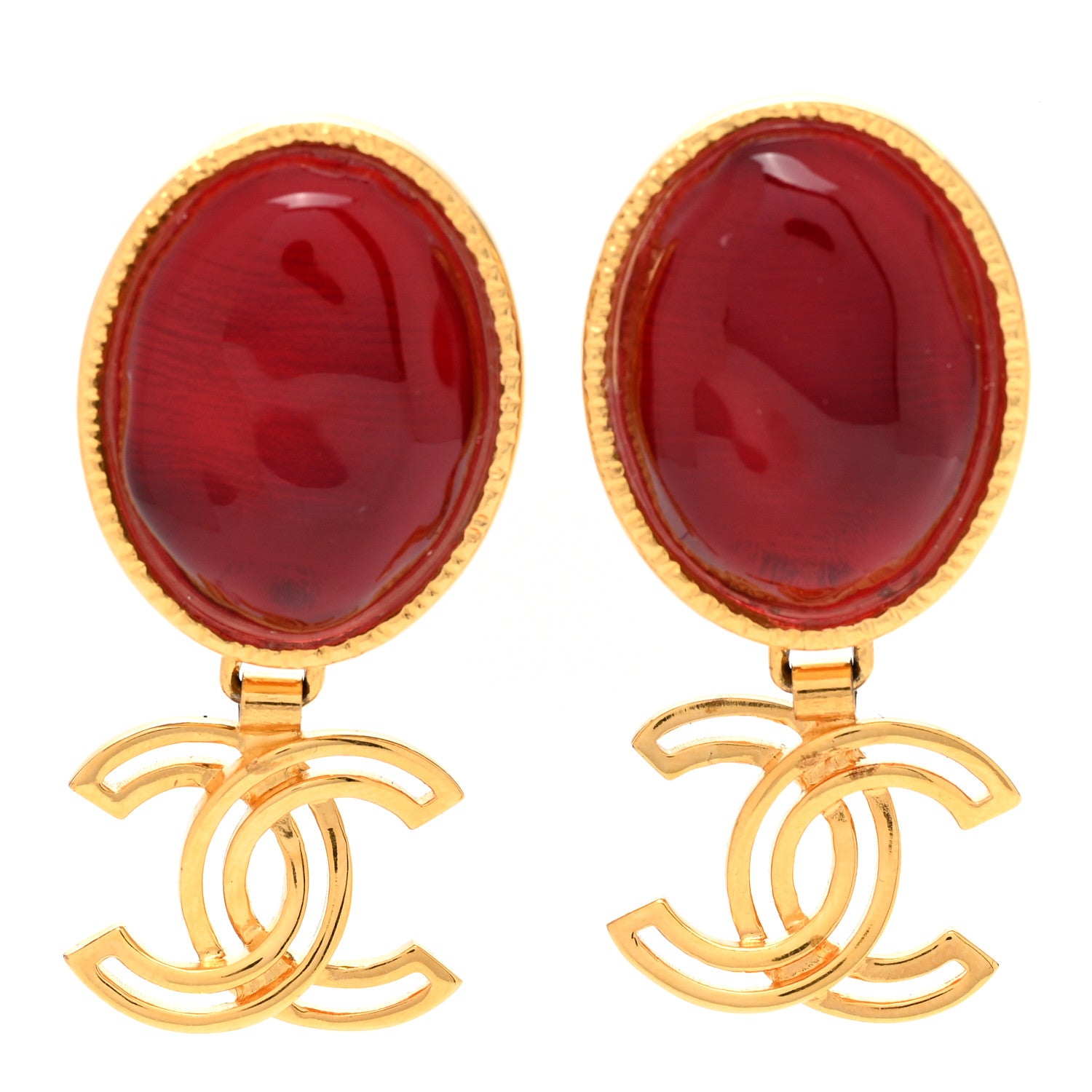 Chanel Crystal CC Drop Earrings Gold Red 1 of 4