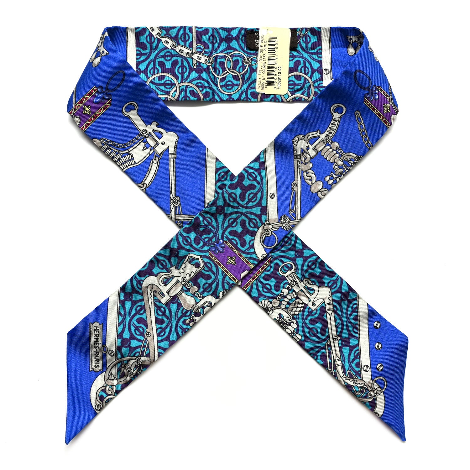 Hermes Silk Mors Et Gourmettes Remix Twilly Bleu Roy Turquoise Prune 1 of 6