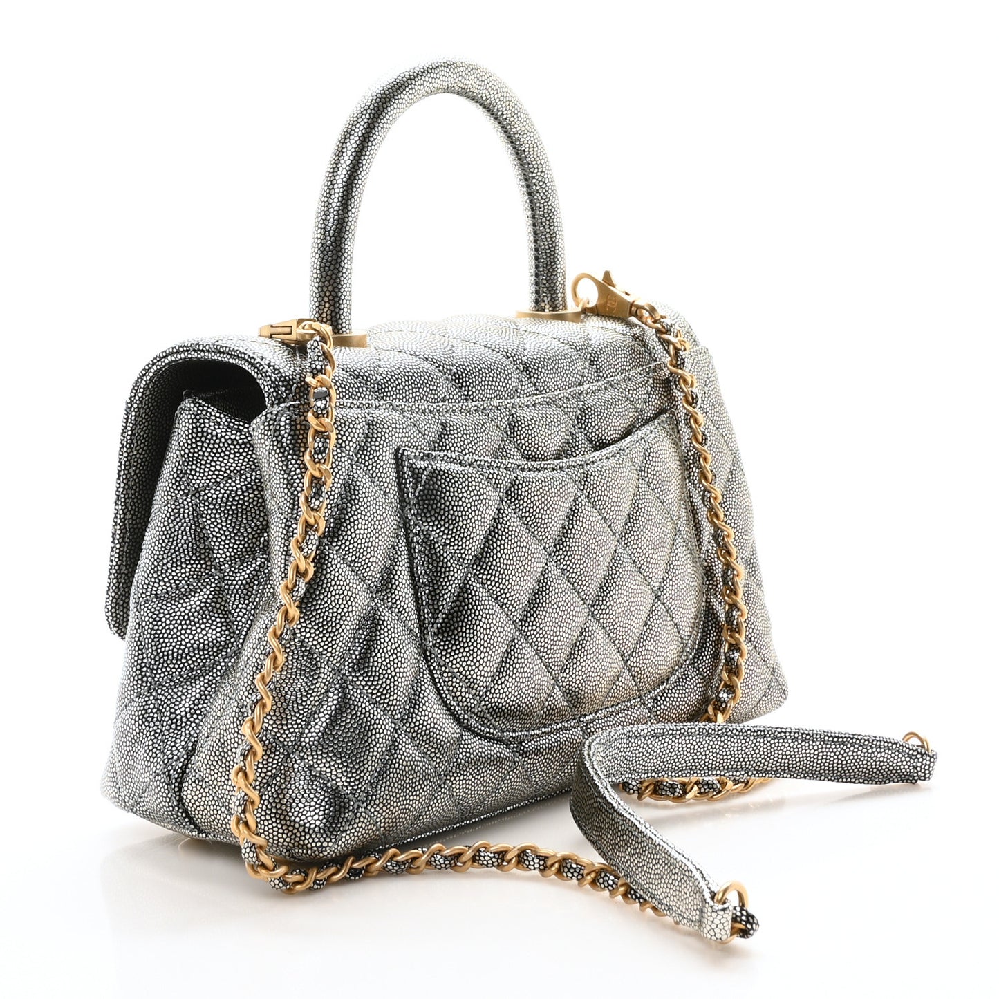 Metallic Caviar Quilted Mini Coco Handle Flap Silver