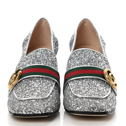 Gucci Glitter Nappa Web Peyton 75mm Loafer Pumps 38.5 Argento 2 of 9