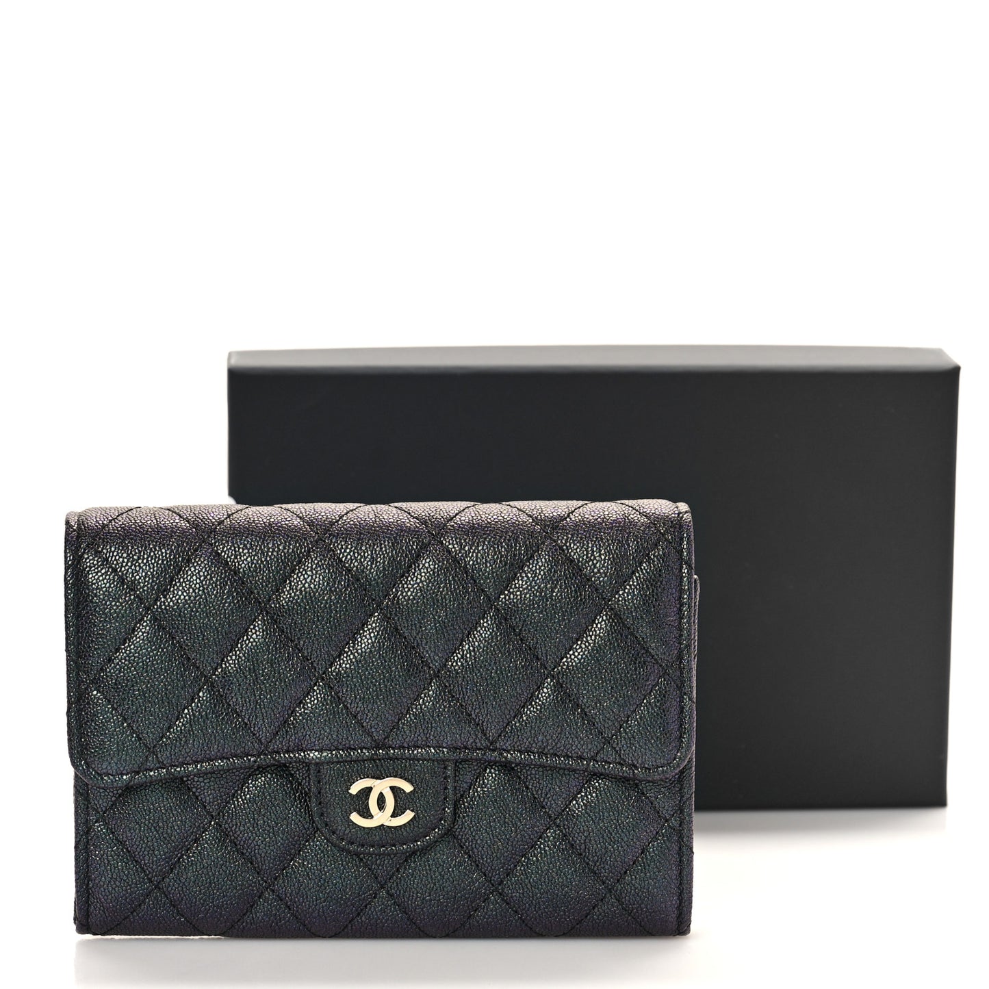 Iridescent Caviar Quilted Large Gusset Flap Wallet Black