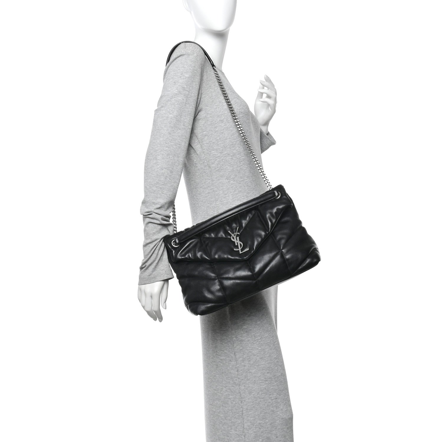 Saint Laurent Lambskin Quilted Medium Loulou Puffer Monogram Chain Satchel Black 2 of 10