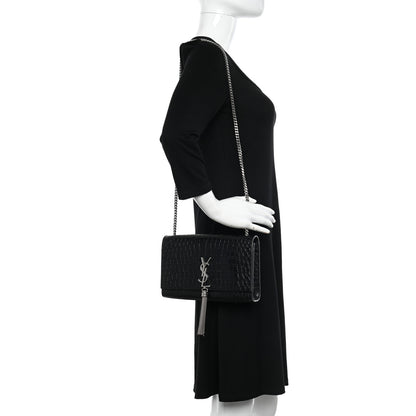 Saint Laurent Calfskin Crocodile Embossed Small Classic Monogram Kate Tassel Satchel Black 2 of 17