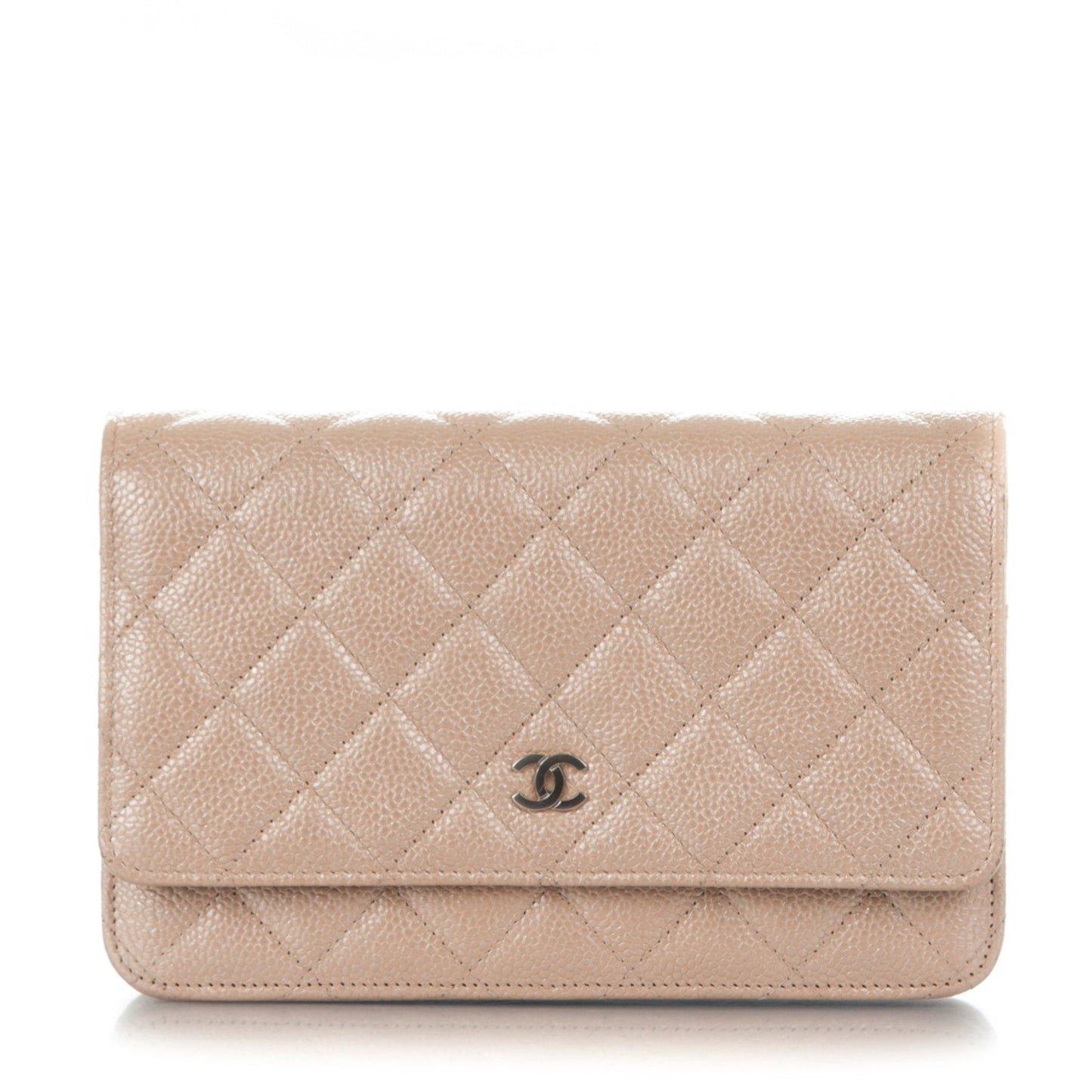 Metallic Caviar Quilted Wallet on Chain WOC Beige