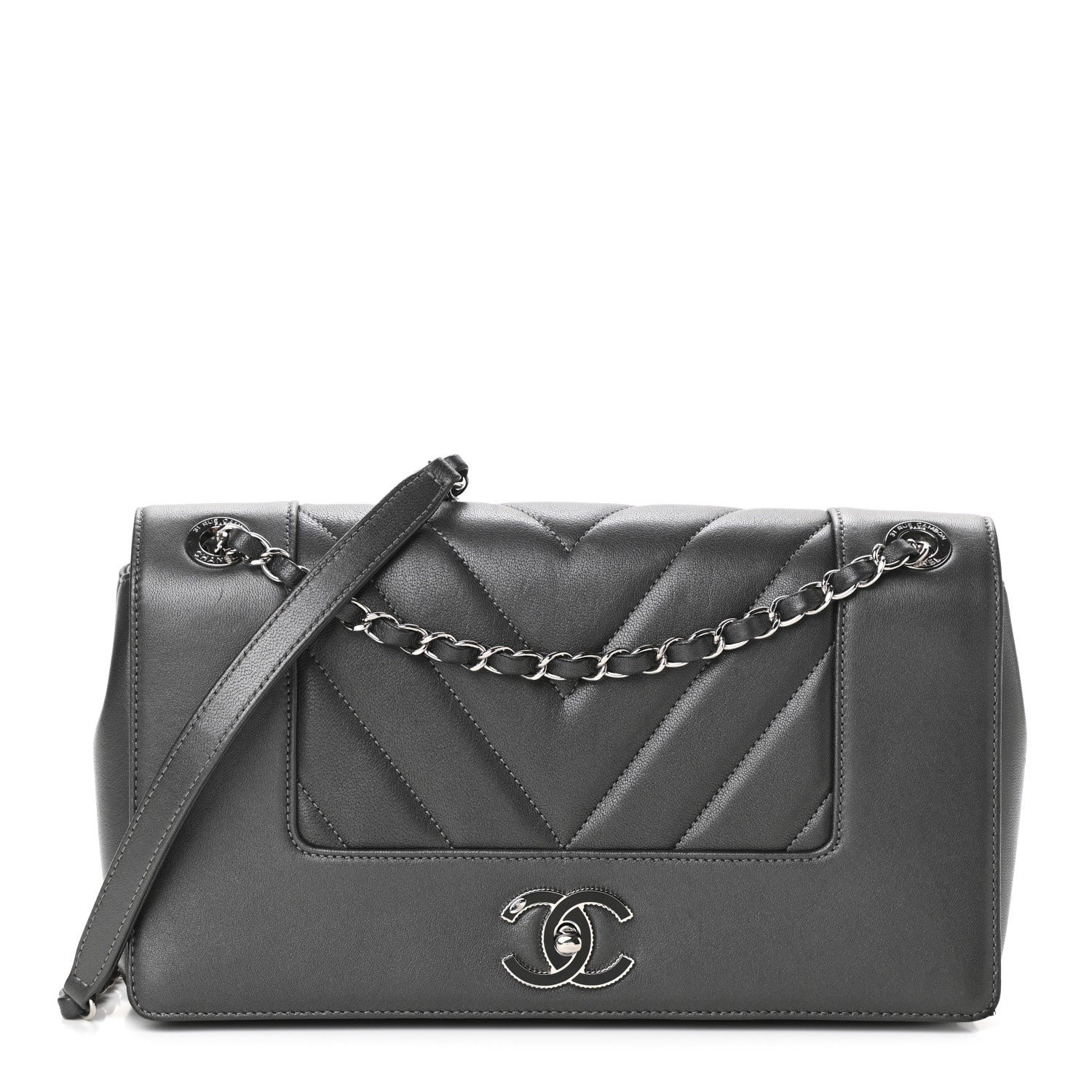 Chanel Sheepskin Chevron Quilted Vintage Mademoiselle Flap Dark Grey 1 of 10
