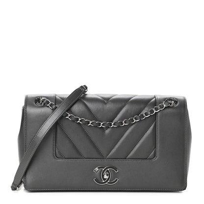 Chanel Sheepskin Chevron Quilted Vintage Mademoiselle Flap Dark Grey 1 of 10