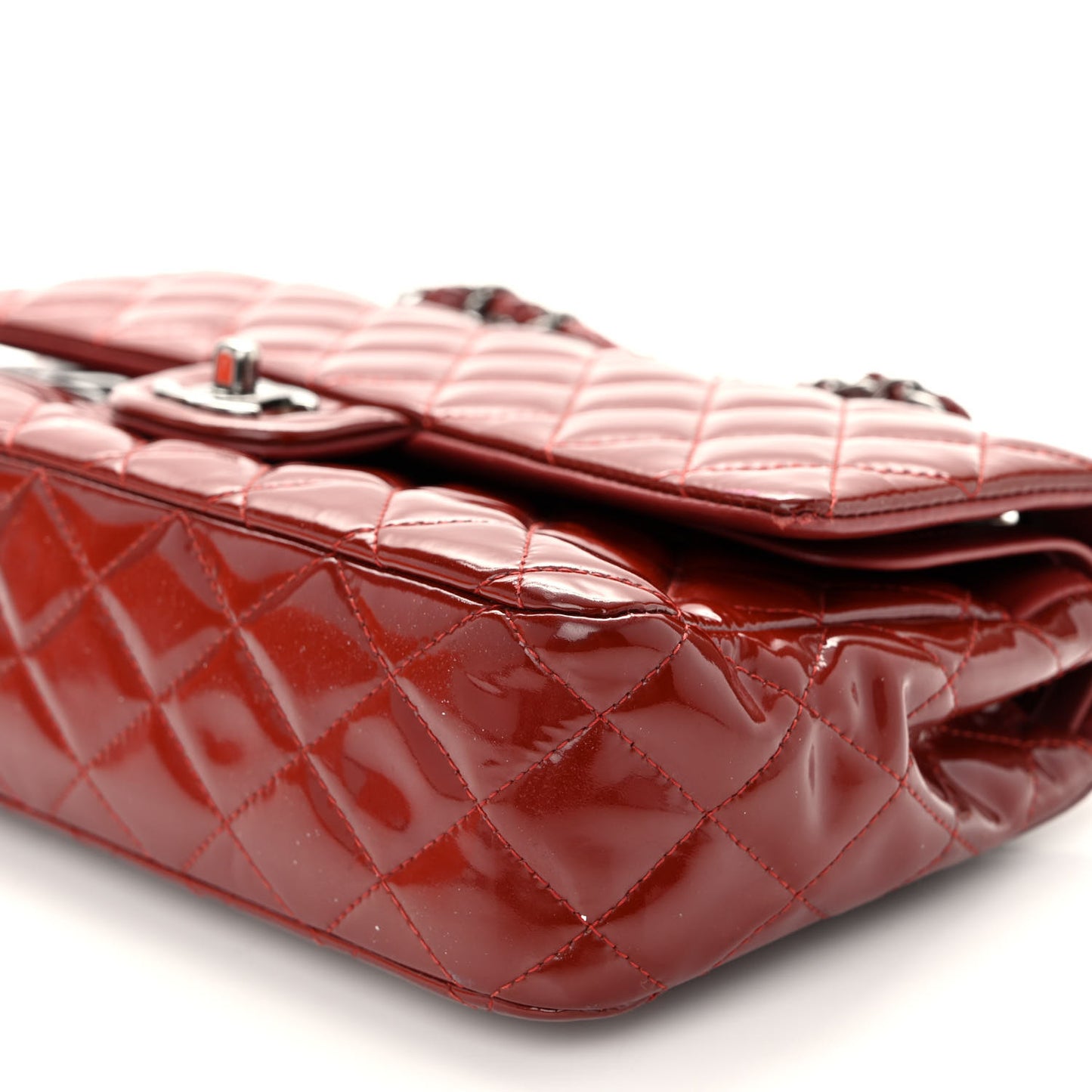 Patent Calfskin Quilted Medium Double Flap Dark Red