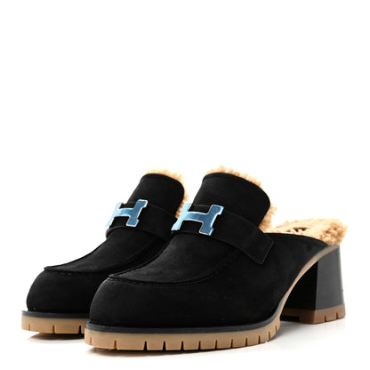 Hermes Suede Goatskin Woolskin Flore 60 Mules 36.5 Black Camel 4 of 10