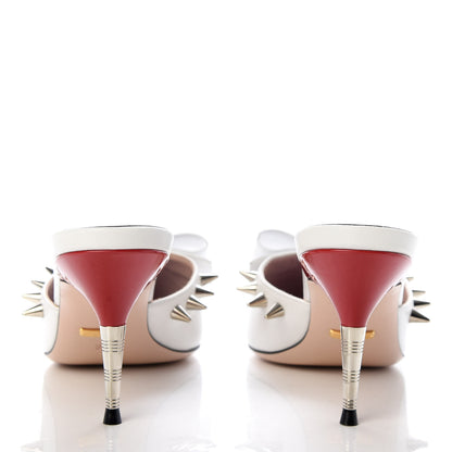 Gucci Patent GG Bow Sadie Spike Mid Heel Mules 38 White 6 of 10