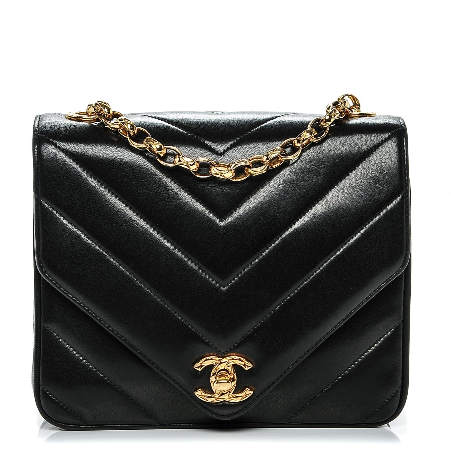 Lambskin Chevron Quilted Mini Square Flap Black