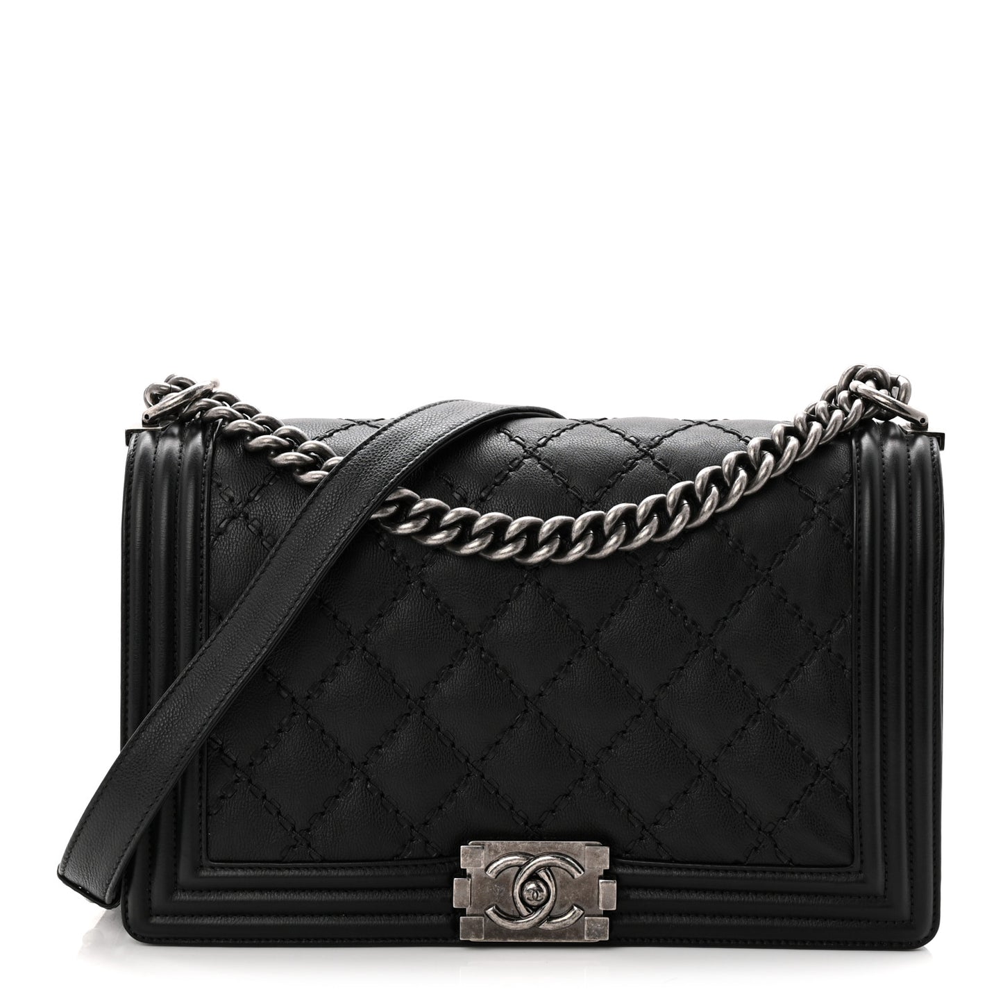 Calfskin Quilted Double Stitched New Medium Boy Flap Black