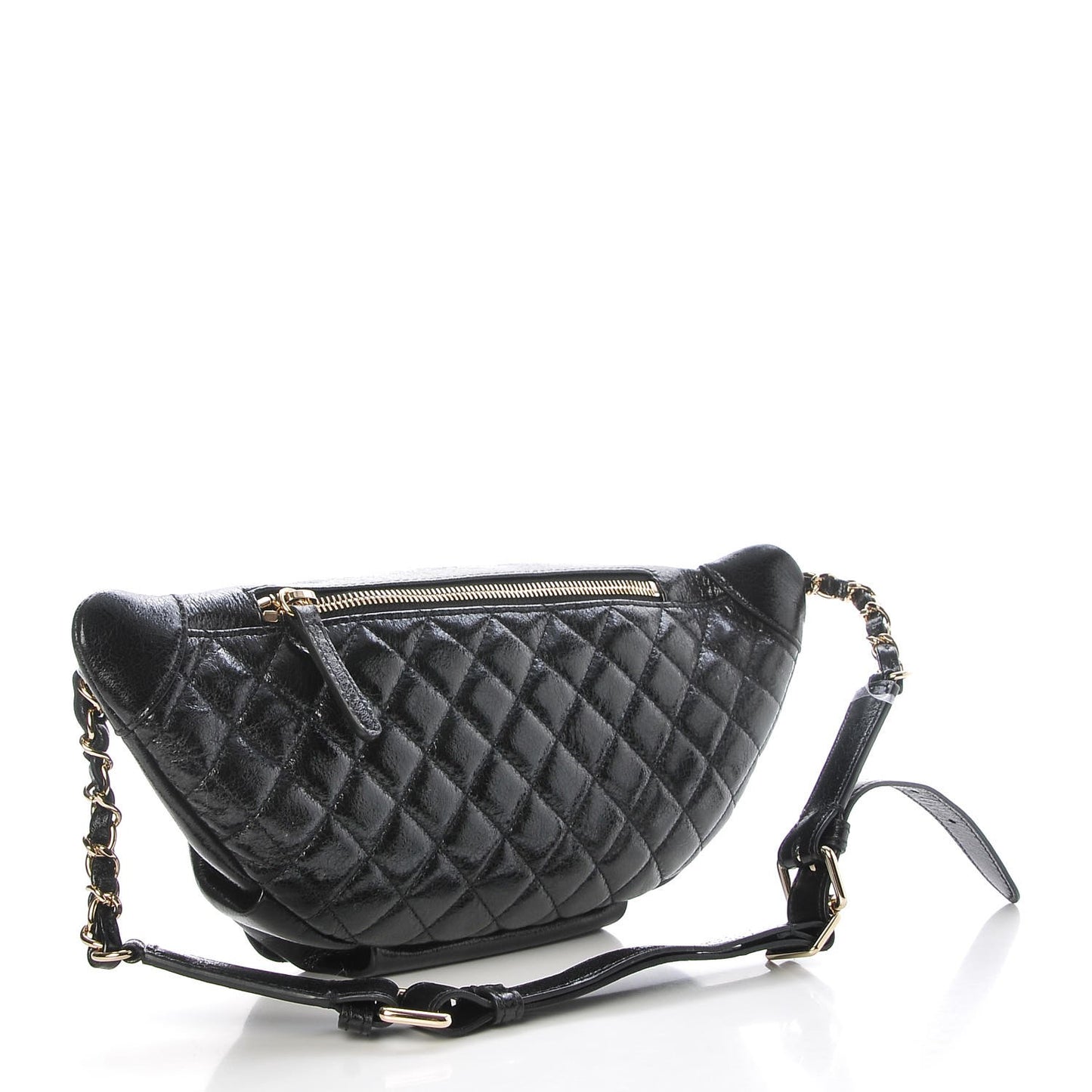 Crumpled Glazed Lambskin Quilted Waist Bag Fanny Pack Black