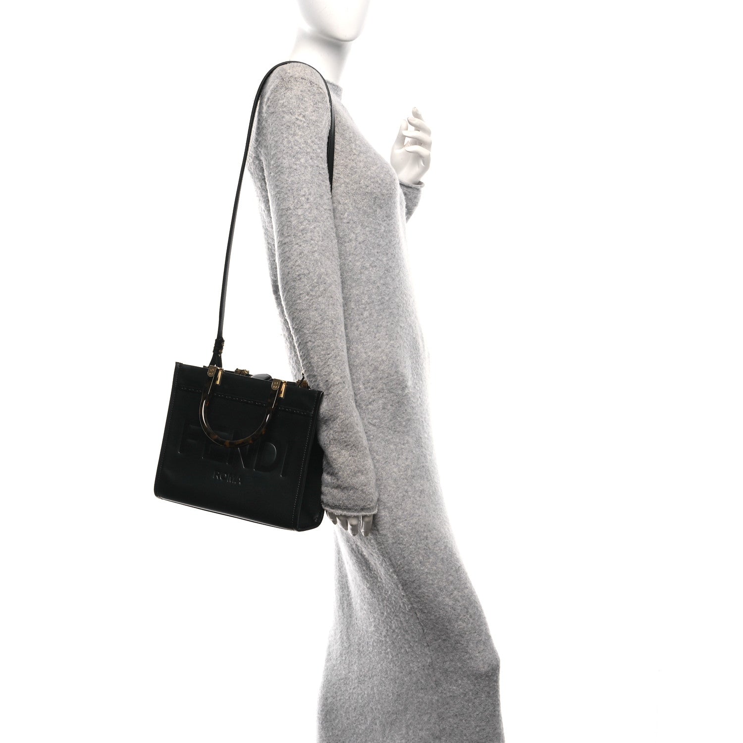 Fendi Vitello King Plexiglass Logo Embossed Small Fendi Sunshine Shopper Tote Black 2 of 8