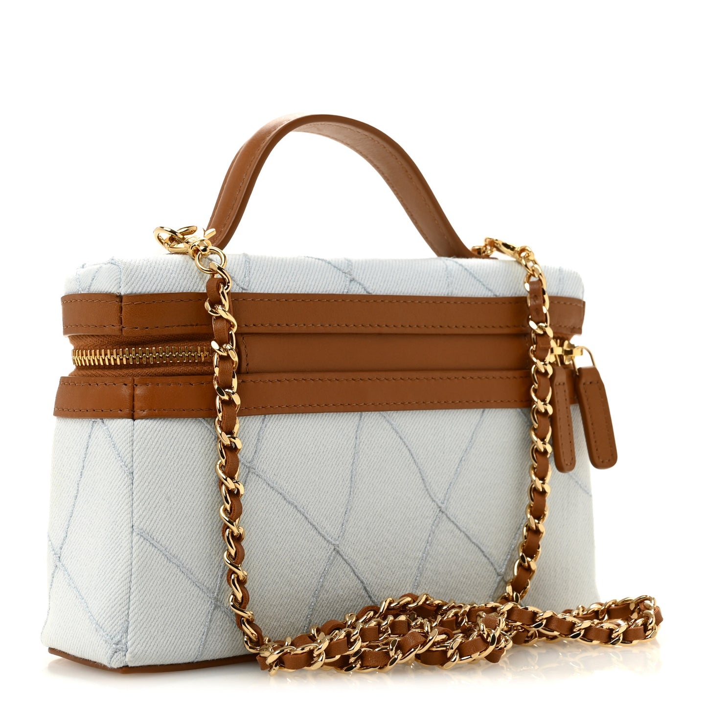 Washed Denim Calfskin Quilted Top Handle Slim Vanity Case With Chain Blue Brown Blue Brown