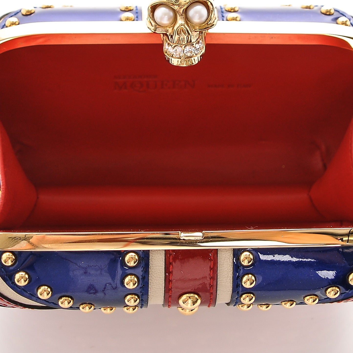 Patent Calfskin Studded Britannia Skull Box Clutch Red Blue
