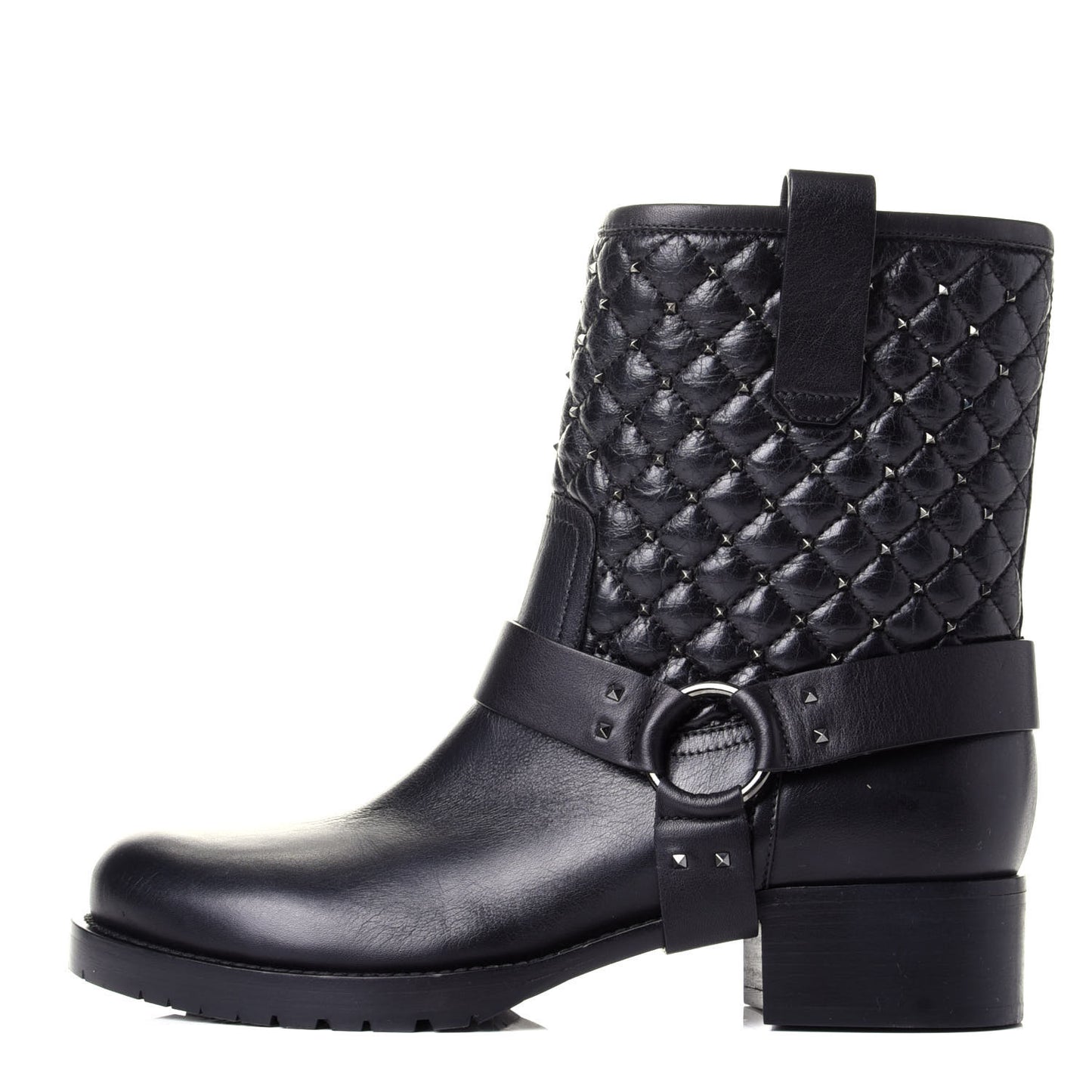 Calfskin Crackled Lambskin Rockstud Spike 20mm Biker Boots 38.5 Black