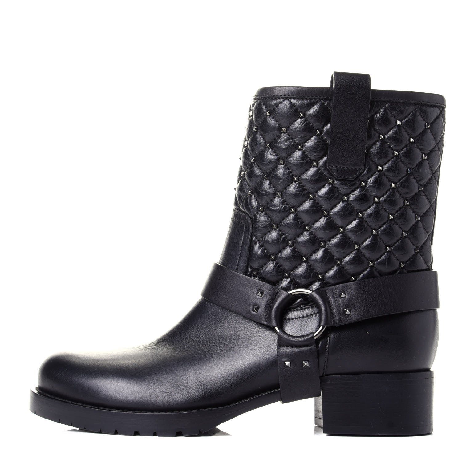 Valentino Garavani Calfskin Crackled Lambskin Rockstud Spike 20mm Biker Boots 38.5 Black 1 of 11