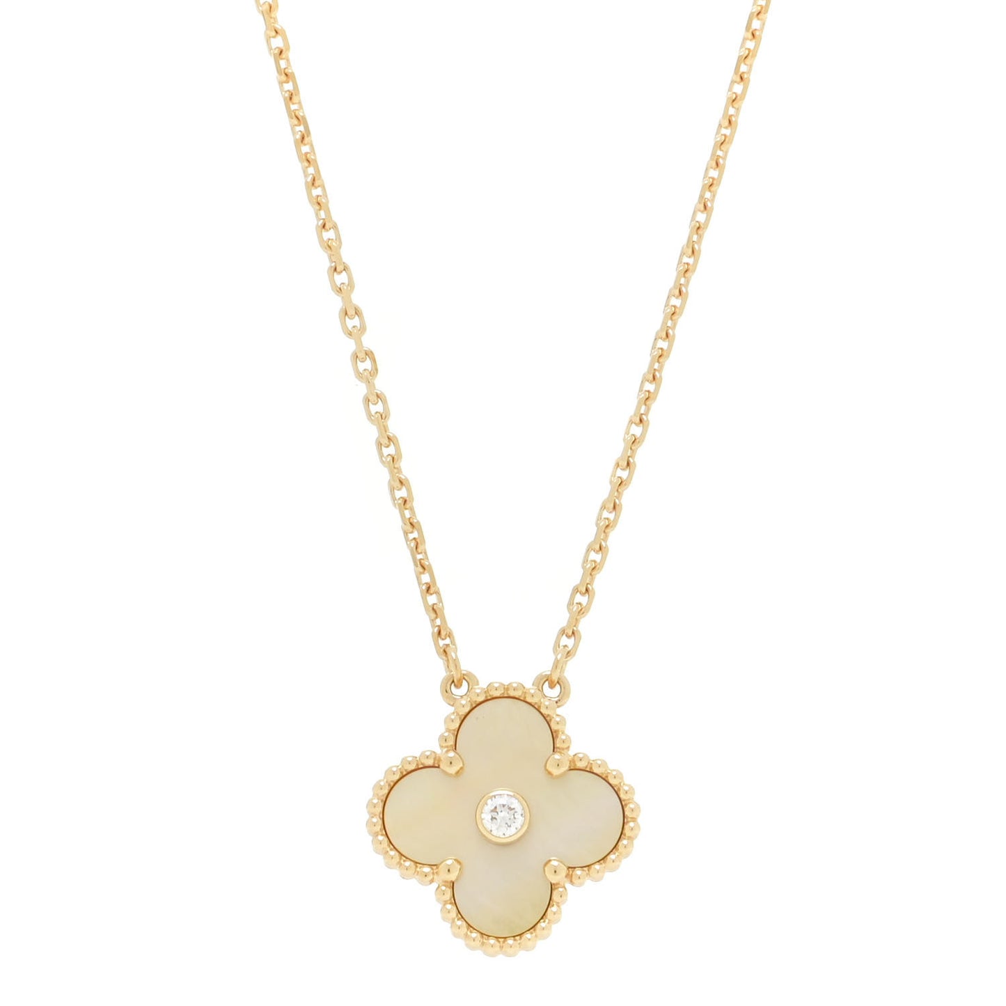 18K Yellow Gold Diamond Yellow Mother of Pearl Vintage Alhambra Pendant Necklace