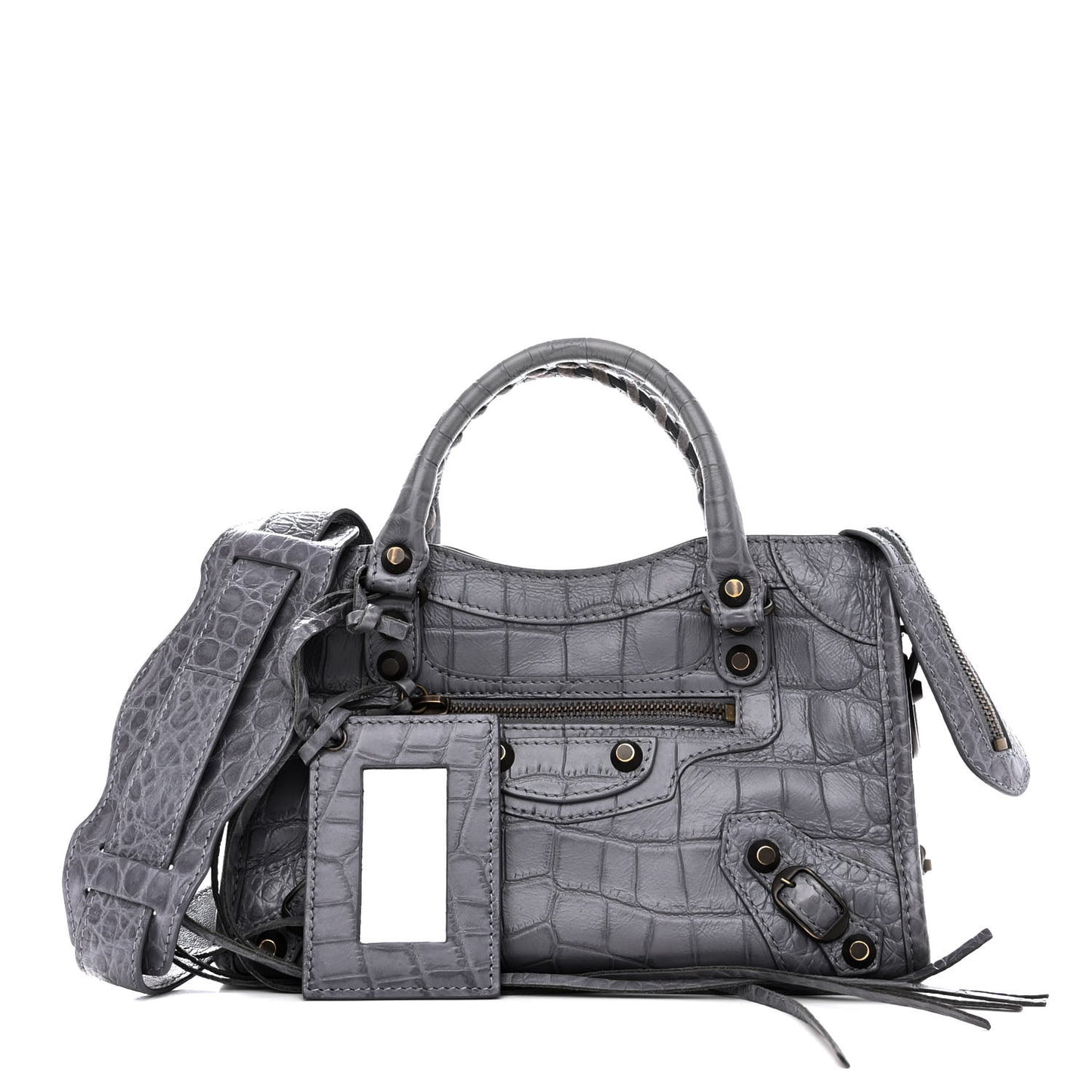 Calfskin Crocodile Embossed Classic Hardware Mini City Gris Beton