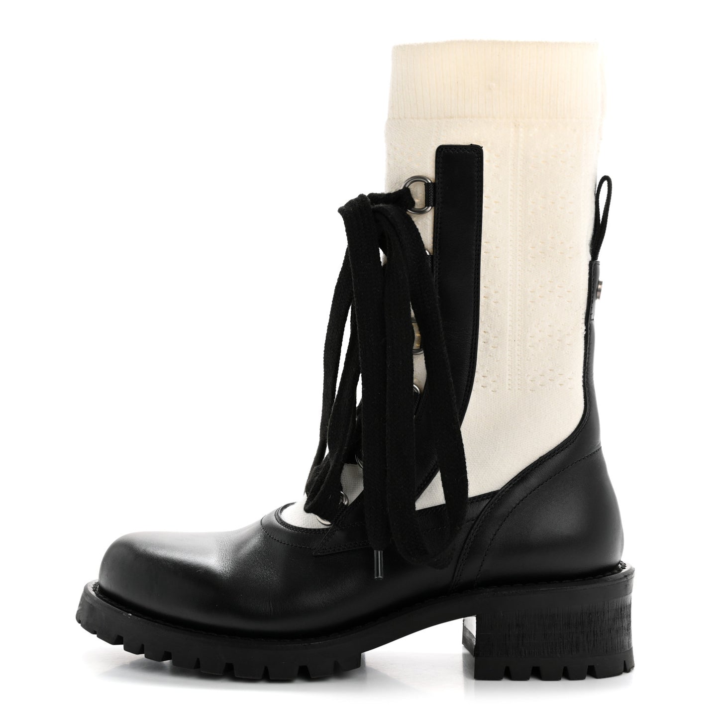 Calfskin Knit Fabric Diorland Combat Boots 38 Black White