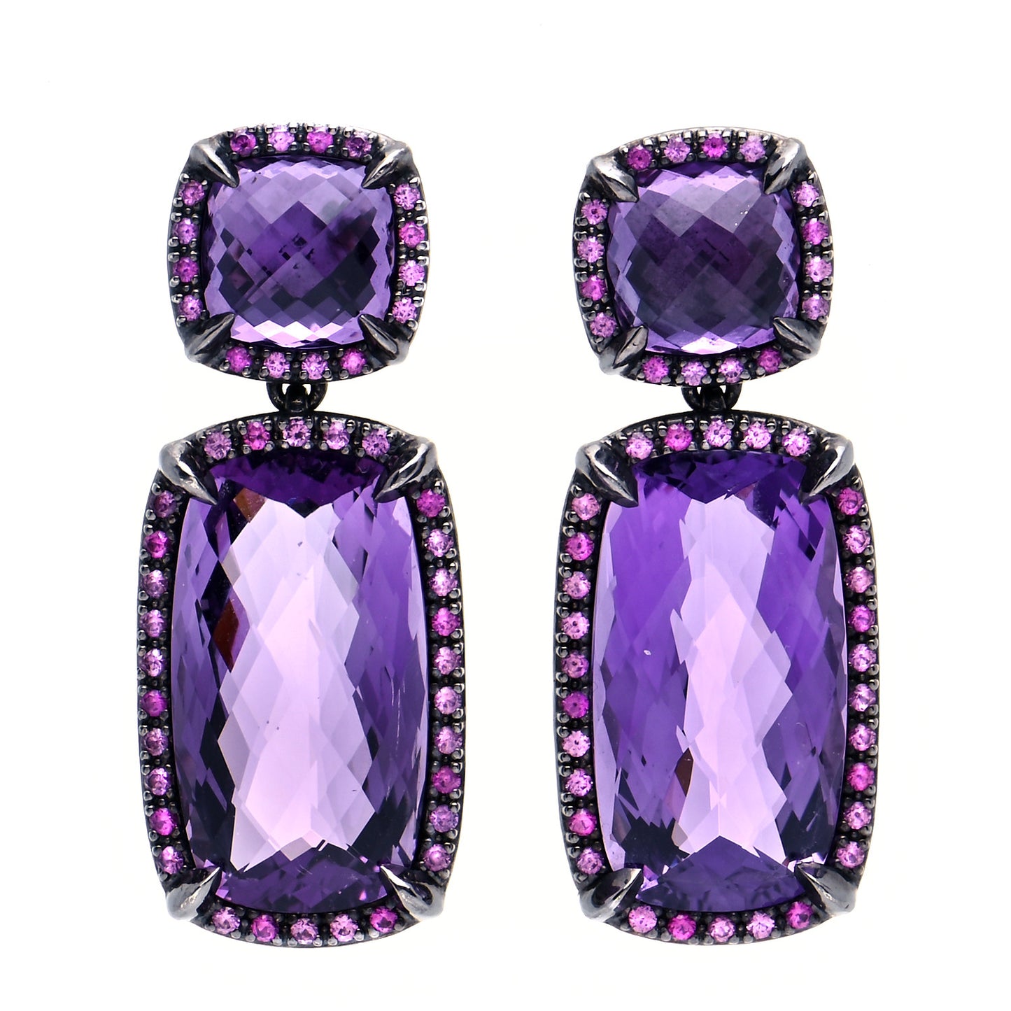 Darkened Sterling Silver Amethyst Pink Sapphire Chatelaine Drop Earrings